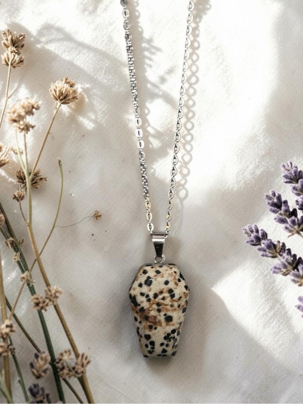 DALMATIAN JASPER natural stone coffin pendant necklace with silver chain NEW